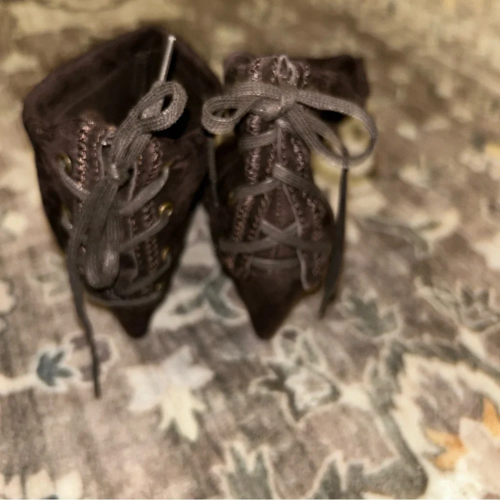 Chocolate Brown Suede Lace-Up Foldover Heeled Ankle Boots Y2K Witchy Pointed Toe